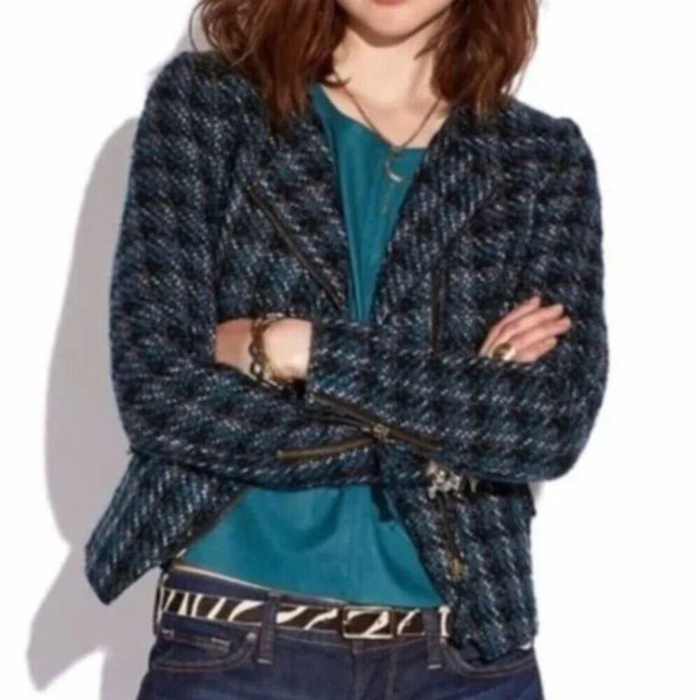 LUCKY BRAND Harper Moto Jacket Tweed Asymmetric Zip Plaid Blazer Women's Size Sm